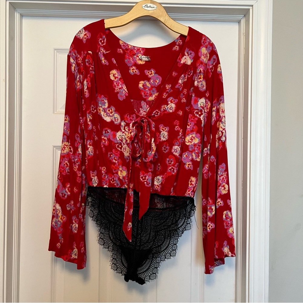 Red Floral Long Sleeve Bodysuit - Free People